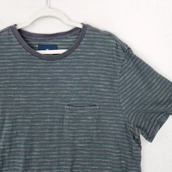 Roark Shirt Mens XL Green Gray Striped Revival Pocket Crewneck Short Sleeve Tee - Picture 2 of 11